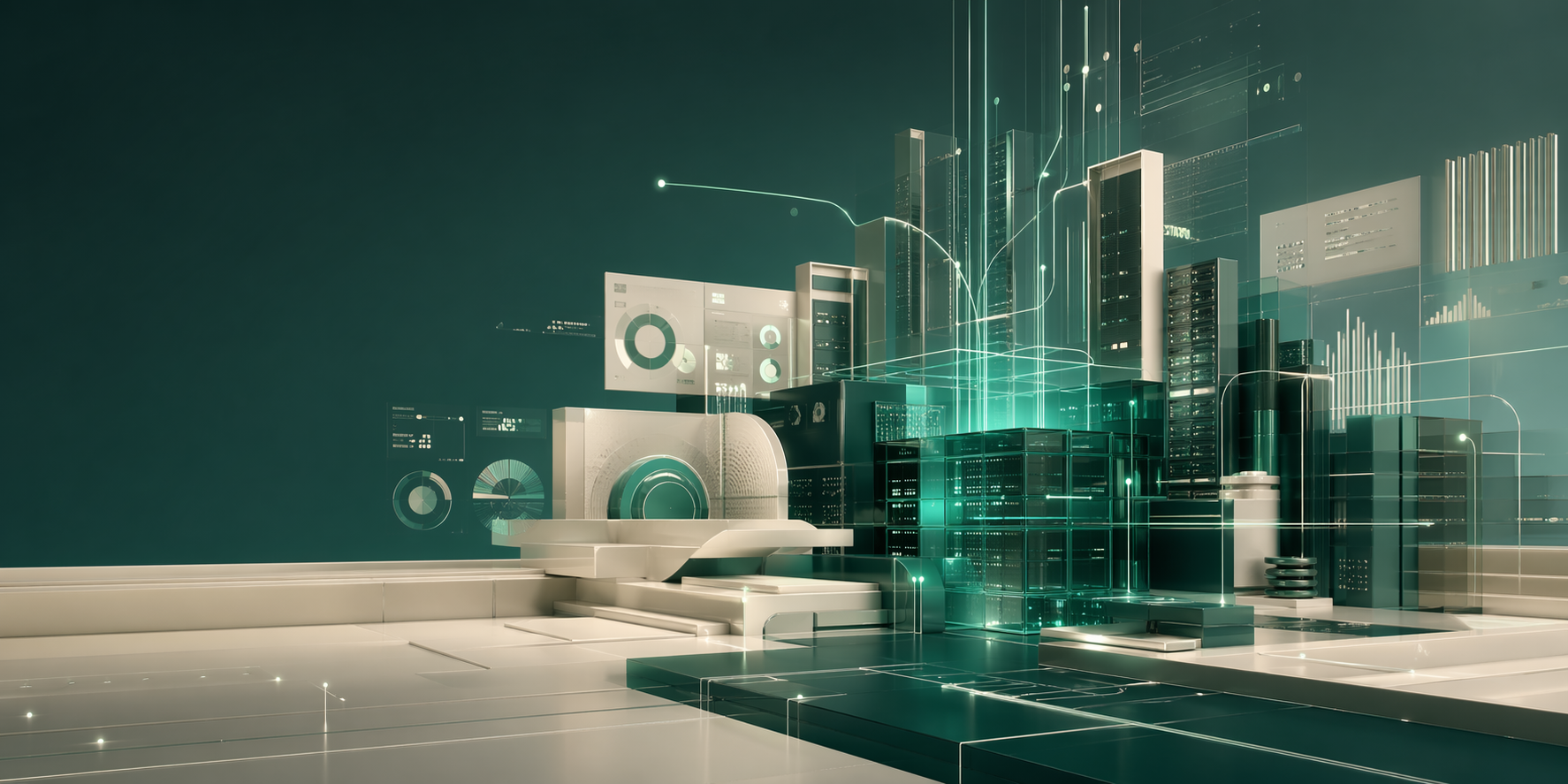 Abstract enterprise infrastructure and data system architecture in teal and cream.